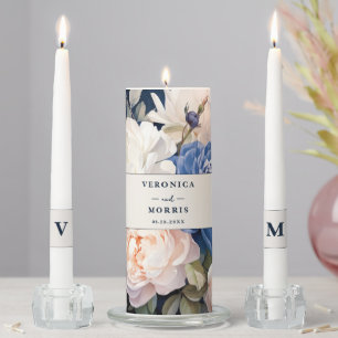 Navy Blue & Dusty Blush Pink Floral Wedding  Unity Candle Set