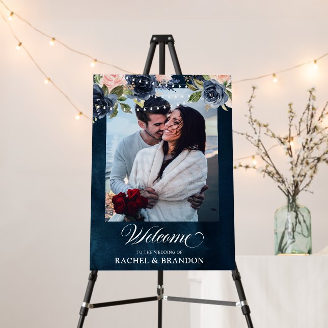 Navy Blue Dusty Blush Pink Floral Wedding Welcome Foam Board (In Situ (Stand))