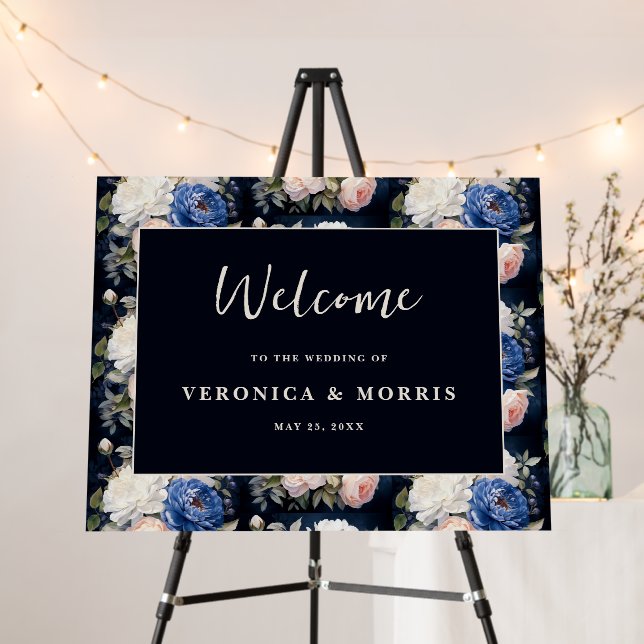 Navy Blue Dusty Blush Pink Floral Wedding Welcome Foam Board (In Situ (Stand))