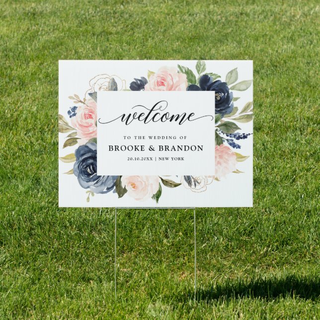 Navy Blue Dusty Blush Pink Floral Wedding Welcome Sign (Insitu)