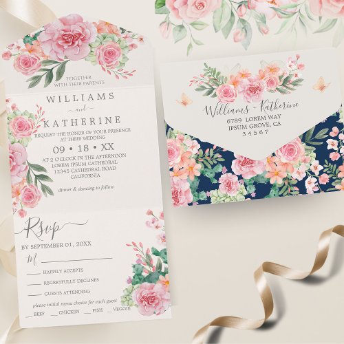Navy Blue Dusty Blush Pink  Peach Floral  All In All In One Invitation