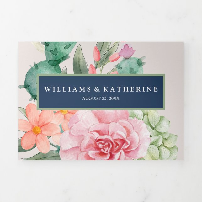 Navy Blue Dusty Blush Pink & Peach Floral  Tri-Fold Invitation (Cover)