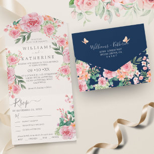Navy Blue Dusty Blush Pink & Peach Floral Wedding All In One Invitation