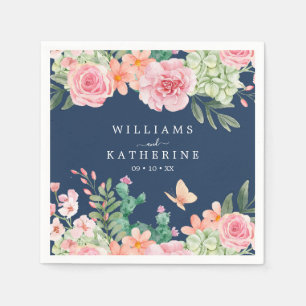Navy Blue Dusty Blush Pink & Peach Floral Wedding Napkins