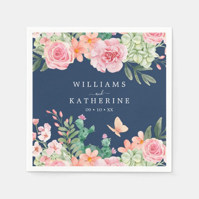 Navy Blue Dusty Blush Pink & Peach Floral Wedding Napkins (Front)