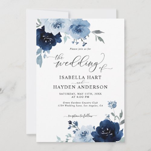 Navy Blue Dusty Floral Light All In One QR Wedding Invitation