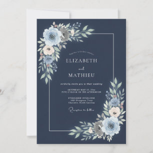 Navy Blue Dusty Floral Wedding Invitation