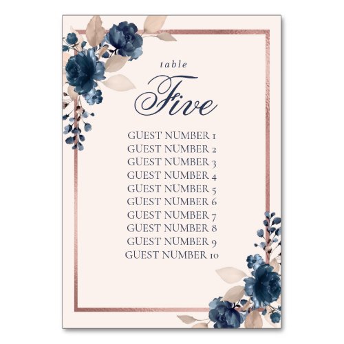 Navy Blue Dusty Pink Table Number Seating Chart