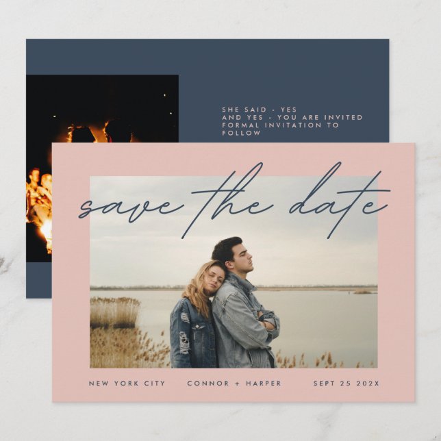 Navy Blue Dusty Rose Elegant Border Photo Save The Date (Front/Back)