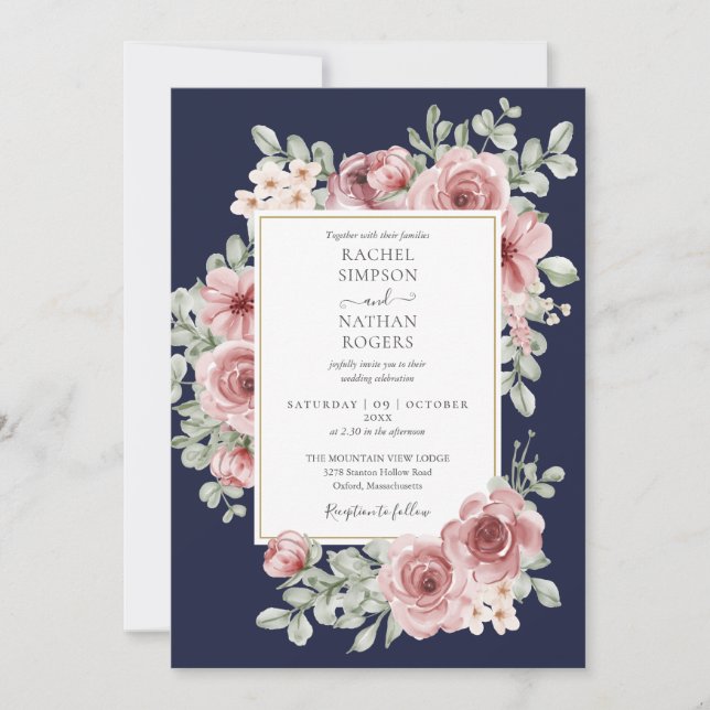 Navy Blue Dusty Rose Floral Gold Wedding  Invitation (Front)