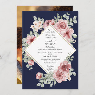 Navy Blue Dusty Rose Floral Gold Wedding Photo Invitation