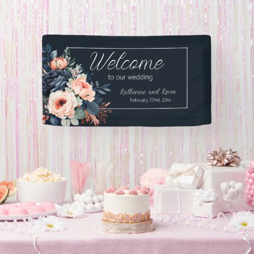 Navy Blue Dusty Rose Floral Wedding Banner