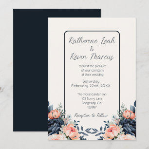  Navy Blue Dusty Rose Floral Wedding Invitation