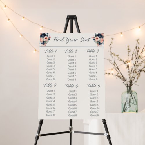 Navy Blue Dusty Rose Floral Wedding Seating Chart Foam Board