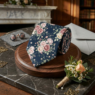 Navy Blue Dusty Rose Peony Floral Groomsmen Neck Tie
