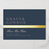 Navy Blue Dusty Rose Stripe Photo Save The Date Foil Invitation (Front)