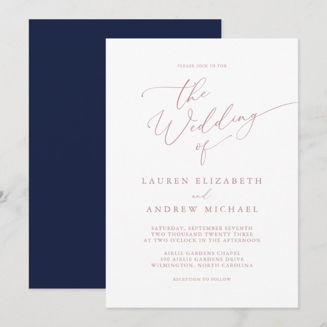Navy Blue & Dusty Rose Wedding Invitation (Front/Back)