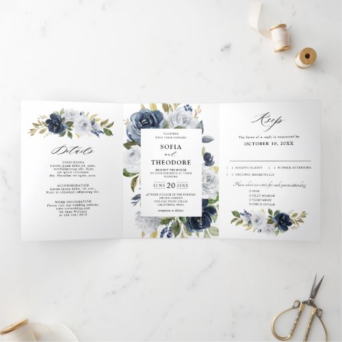 Navy Blue Dusty White Floral Botanical Wedding  Tri_Fold Announcement