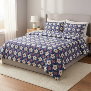 Navy Blue Duvet Cover with Cream Flowers