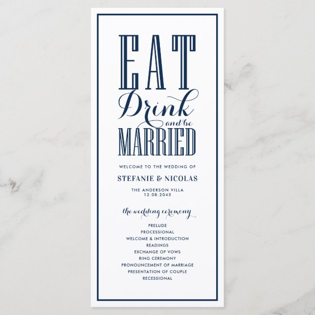 Navy Blue Eat Drink and be Married Wedding Program (Front)