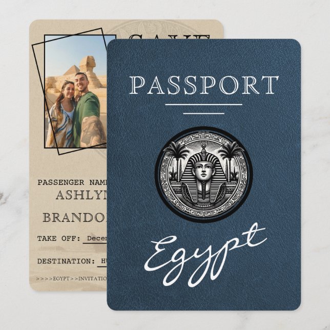 Navy Blue Egypt Passport Wedding Save the Date (Front/Back)