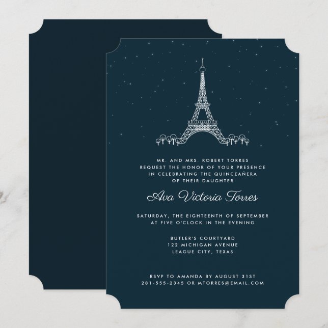 Navy Blue Eiffel Tower Under the Stars Quinceañera Invitation (Front/Back)