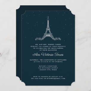 Navy Blue Eiffel Tower Under the Stars Quinceañera Invitation