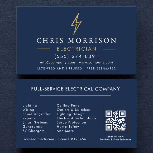 Navy Blue Electrician QR Code Modern Business Card (Creator Uploaded)