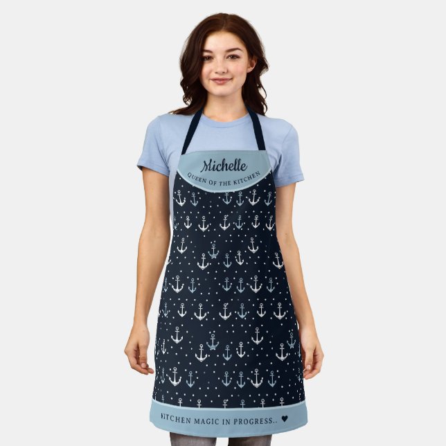 Navy blue elegant anchor pattern personalized apron (Worn)