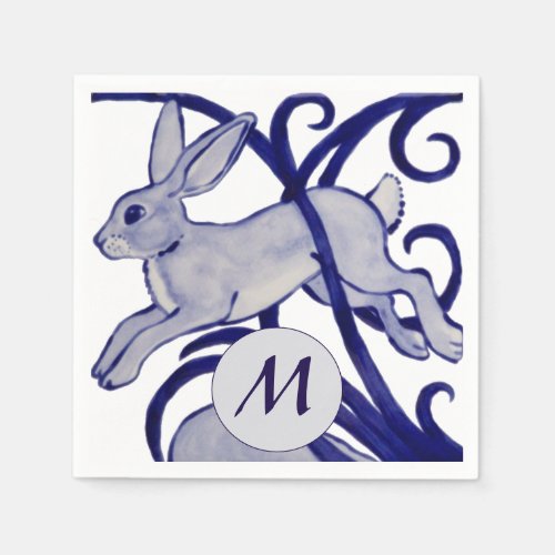 Navy Blue Elegant Art Deco Rabbit Monogram Napkins