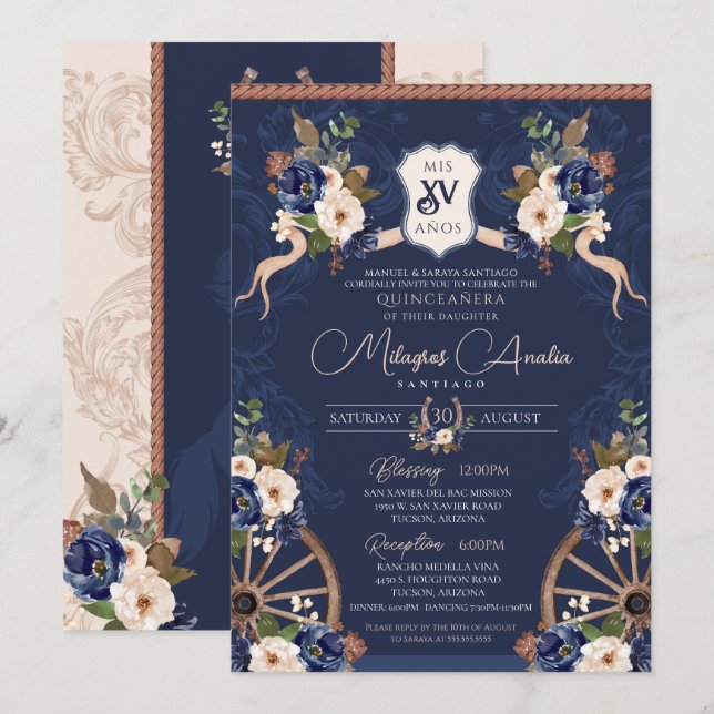 Navy Blue Elegant Baroque Charra Quinceanera Invitation (Front/Back)