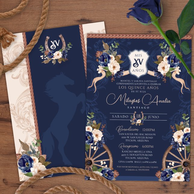 Navy Blue Elegant Baroque Charro Quinceanera Invitation