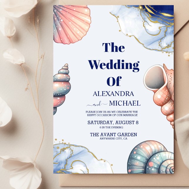 Navy Blue Elegant Beach Seashell Wedding  Invitation (Creator Uploaded)