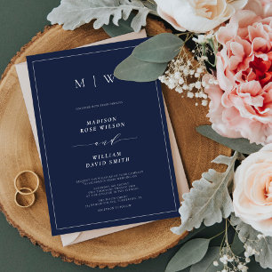 Navy Blue Elegant Border & Monogram Wedding Invitation