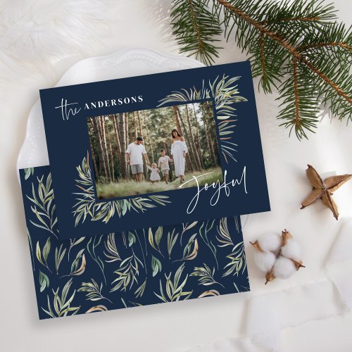 Navy Blue elegant botanical photo simple Christmas Holiday Card