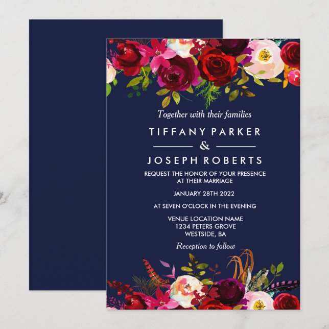 Navy Blue Elegant Burgundy Floral Wedding Invite (Front/Back)