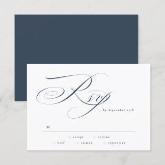 Navy Blue Elegant Calligraphy Black Tie Wedding RSVP Card
