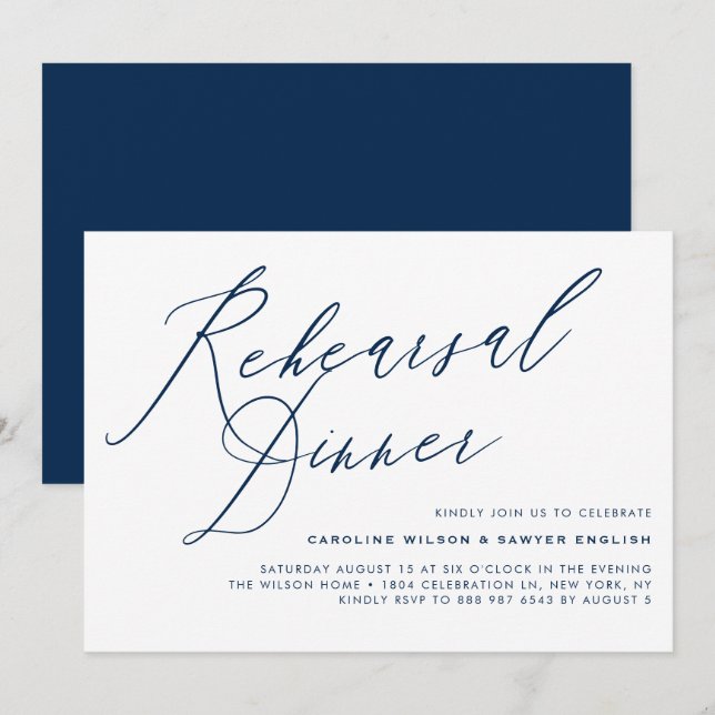 Navy Blue Elegant Calligraphy Rehearsal Dinner Invitation (Front/Back)