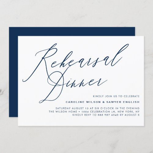 Navy Blue Elegant Calligraphy Rehearsal Dinner Invitation