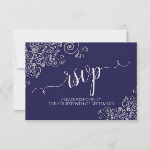Navy Blue Elegant Calligraphy Silver Lace Wedding RSVP Card