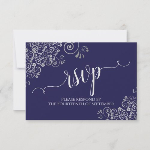 Navy Blue Elegant Calligraphy Silver Lace Wedding RSVP Card