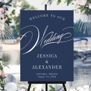 Navy Blue Elegant Calligraphy Wedding Welcome Sign