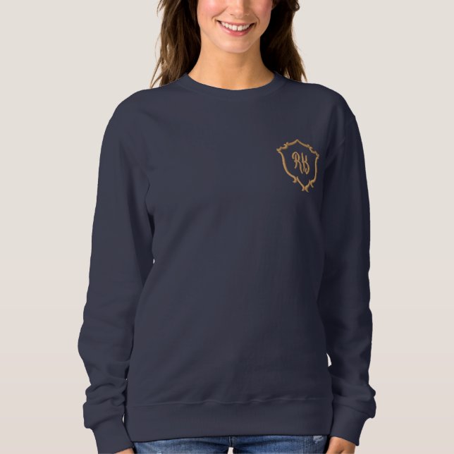 Navy Blue Elegant Chic Initial Monogram Emblem   Embroidered Sweatshirt (Front)