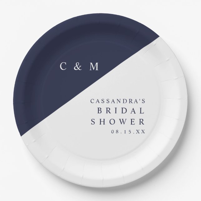 Navy Blue Elegant Chic Monogram Bridal Shower Paper Plates (Front)