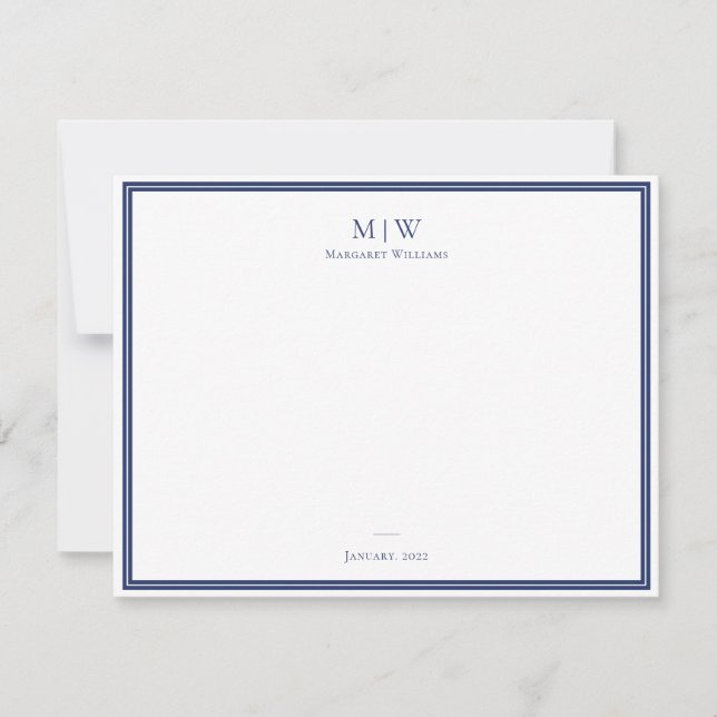 Navy Blue Elegant Classic Monogram Professional Note Card (Front)