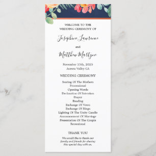 Navy Blue Elegant Coral Floral Wedding Program