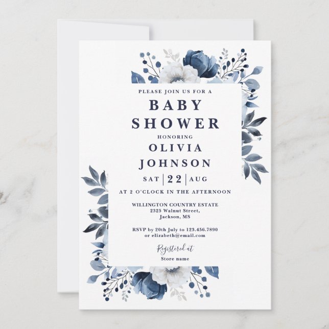 Navy Blue Elegant Country Floral Baby Shower Invitation (Front)