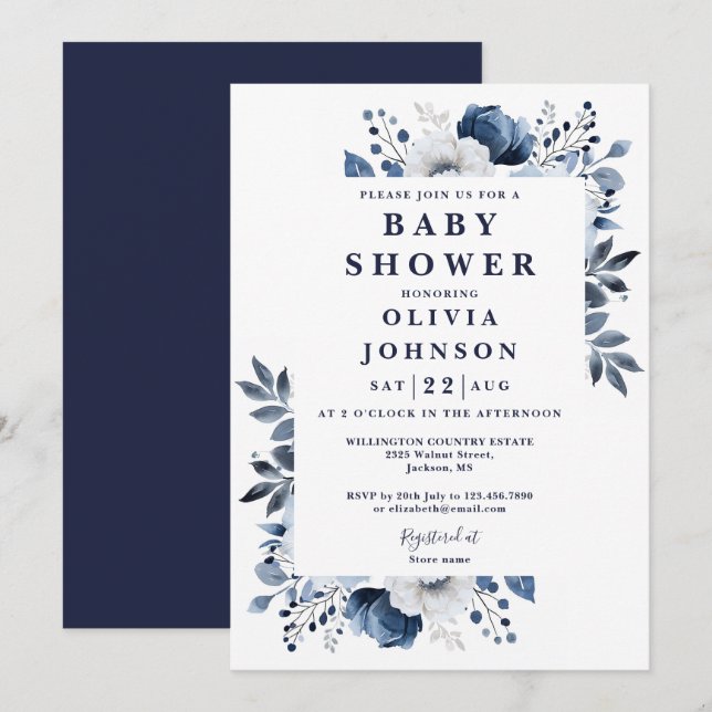 Navy Blue Elegant Country Floral Baby Shower Invitation (Front/Back)
