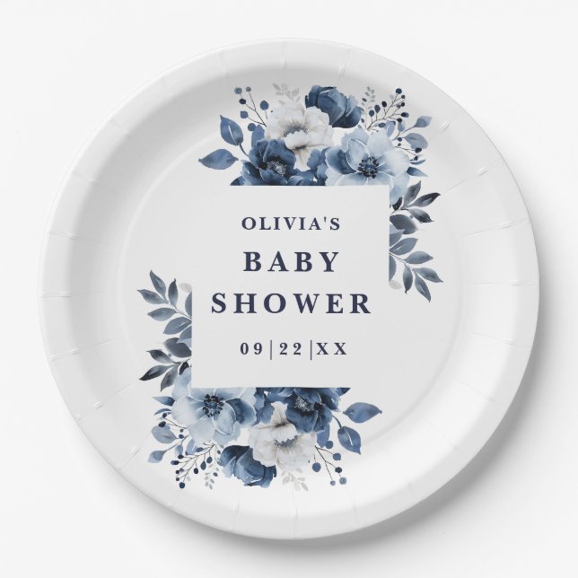 Navy Blue Elegant Country Floral Baby Shower Paper Plates (Front)
