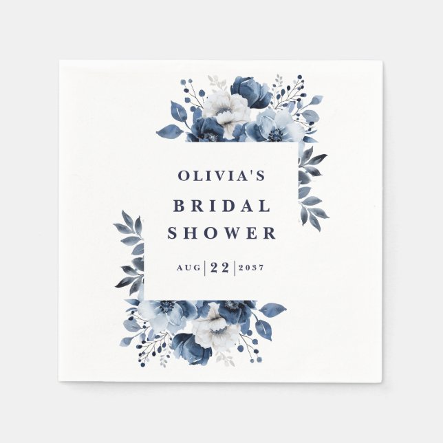 Navy Blue Elegant Country Floral Bridal Shower Napkins (Front)